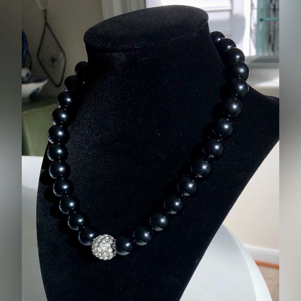 Classic Black Bead Necklace with Rhinestone Charm